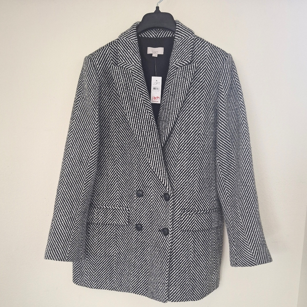 LOFT Herringbone Double Breasted Wool Blend Black White Blazer-Size 14 - NWT - Picture 12 of 12